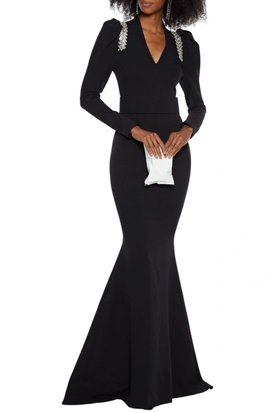 Safiyaa Fluted Crystal-embellished Stretch-crepe Gown In Black