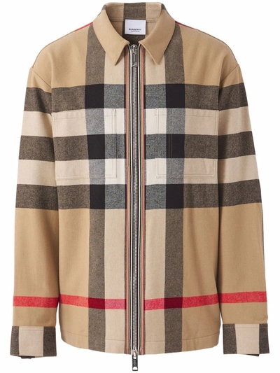 Burberry Hague Archieve Check Zip Front Cotton Flannel Shirt Jacket In Archive Beige