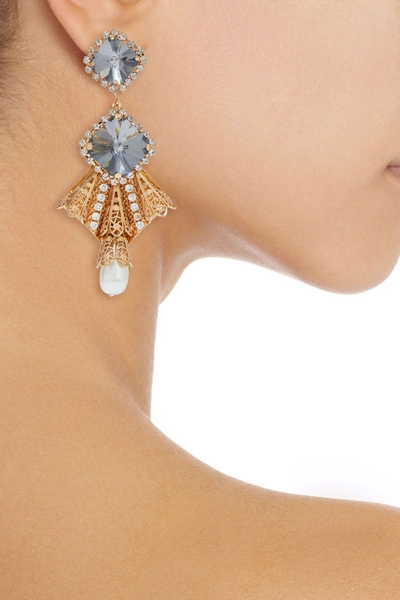 Kenneth Jay Lane Earrings Gold-tone Faux Pearl Crystals Clip Fastening Imported