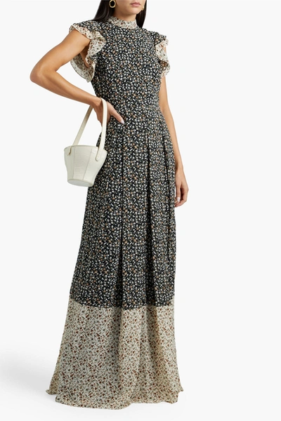 Mikael Aghal Ruffled Floral-print Georgette Gown In Black