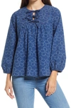 MADEWELL INDIGO FLORAL QUILTED TIE FRONT BIB TOP