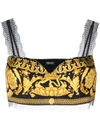 Versace Lace-trimmed Printed Silk-twill Bralette In Yellow