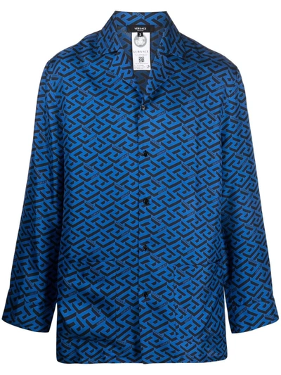 Versace Geometric-print Silk Pajama Top In Sapphire Black
