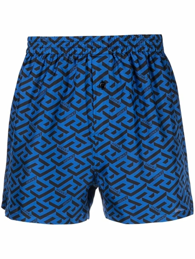 Versace Geometric-print Silk Boxers In Blue