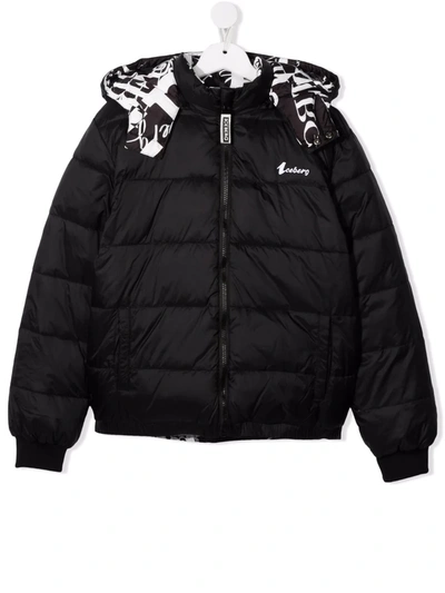 Iceberg Teen Graphic-print Reversible Padded Jacket In Black
