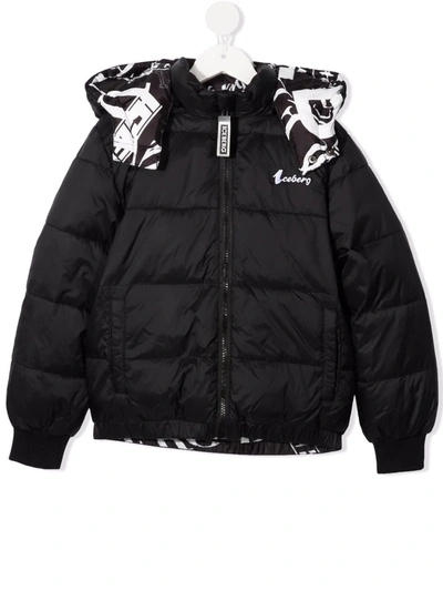 Iceberg Kids' Graphic-print Reversible Padded Jacket In Black