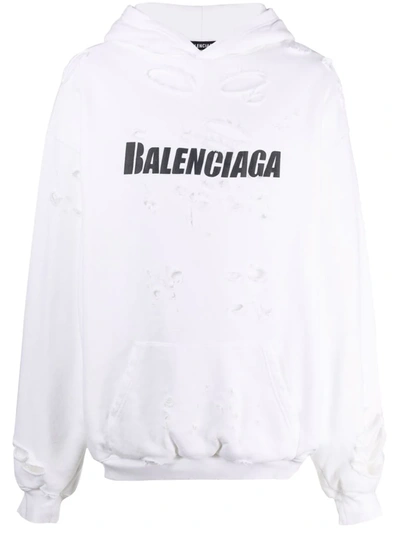 Balenciaga Destroyed Logo Hoodie In White