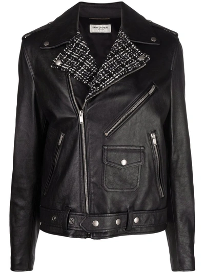 Saint Laurent Tweed Lapel Biker Jacket In Black