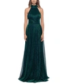 Betsy & Adam Metallic Sleeveless Halter Neck Open Back Gown In Jade