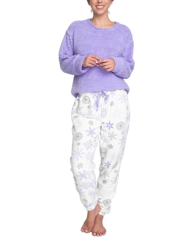 Muk Luks Faux-fur Top & Plush Jogger Pants Sleep Lounge Set In Purple Snow Flake