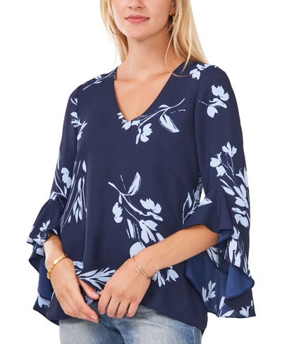 Vince Camuto Floral Whisper Printed Flutter-sleeve Blouse In Classic Navy