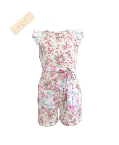 Mi Amore Gigi Little Girls Floral Romper With Belt And Headband Accessory In Multi Floral