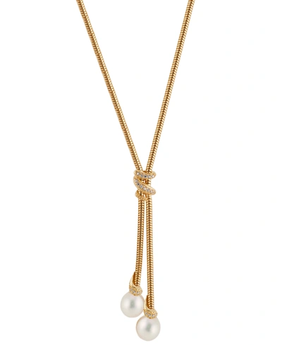 Macy's Cultured Freshwater Pearl (8mm) & Cubic Zirconia Lariat Necklace In 14k Gold-plated Sterling Silver, In Gold Over Silver