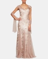 Alex Evenings Embellished-lace Embroidered Illusion Gown & Shawl In Rose Gold