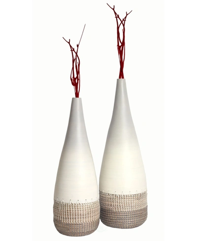 Uniquewise Spun Bamboo And Coiled Seagrass Patterned Vase, Set Of 2 In White