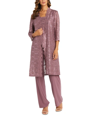 R & M Richards Petite 3-pc. Sequined-lace Jacket, Top & Pants In Dark Rose