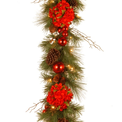 National Tree Company National Tree 9' X 12" Decorative Collection Hydrangea Garland With Cones, Red Berries And 50 Soft W In Green