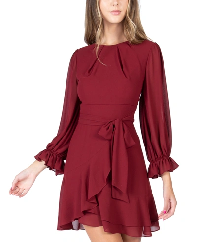 B Darlin Juniors' Asymmetrical-ruffle A-line Dress In Wine