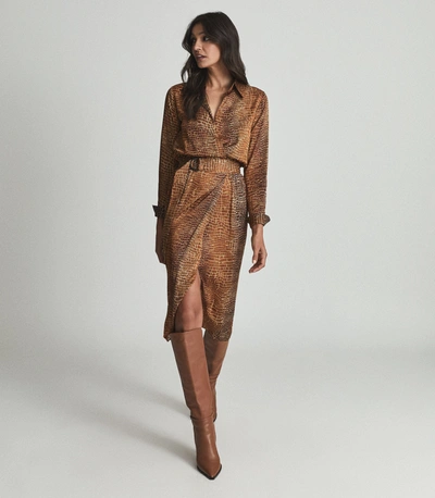 Reiss Ladies Brown And Black Viscose Croc Print Midi Dress, Size: 8 In Bronze