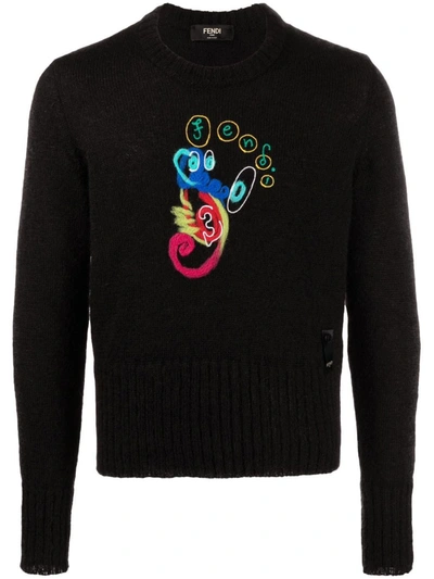 Fendi Graphic-embroidered Relaxed-fit Mohair-blend Jumper In Black