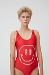 Ganni Red One-piece Swimsuit With Smile Print In High Risk Red