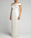 Rickie Freeman For Teri Jon Cuffed Off-the-shoulder Metallic Column Gown In Slate