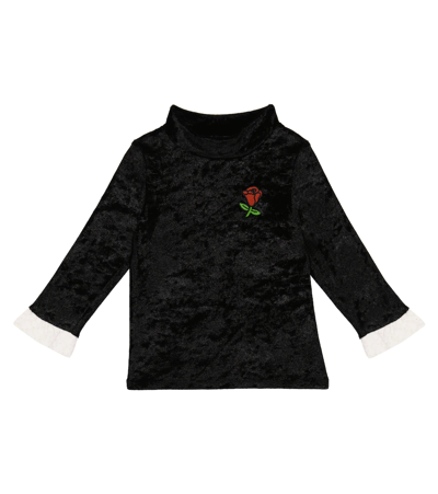 Mini Rodini Kids' Embroidered High-neck Velour Top In Black