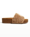 Tory Burch Double T Genuine Shearling Platform Slide Sandal In Almond Flour But