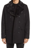 Karl Lagerfeld Wool Blend Peacoat With Faux Fur Collar In Black/ Black
