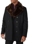 Karl Lagerfeld Wool Blend Peacoat With Faux Fur Collar In Black/ Brown