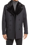 KARL LAGERFELD WOOL BLEND PEACOAT WITH FAUX FUR COLLAR,LO0W0092