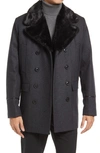 Karl Lagerfeld Wool Blend Peacoat With Faux Fur Collar In Charcoal / Black