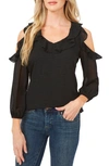 Cece Ruffled Cold Shoulder Clip Dot Blouse In Rich Black