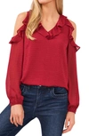 Cece Ruffled Cold Shoulder Clip Dot Blouse In Red Maple