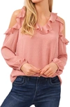 Cece Ruffled Cold Shoulder Clip Dot Blouse In Pink
