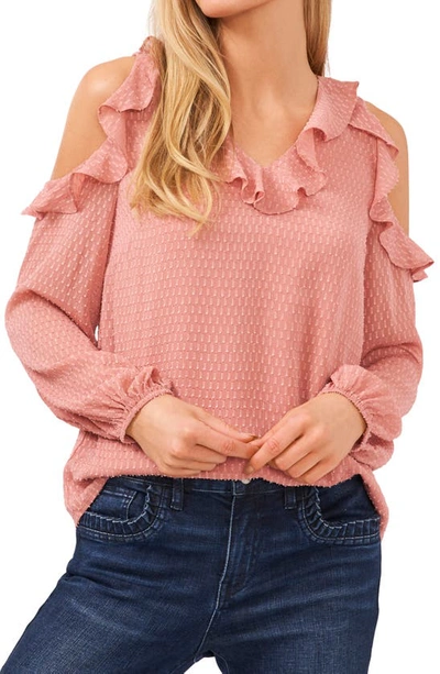 Cece Ruffled Cold Shoulder Clip Dot Blouse In Antique Rose