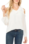 Cece Ruffled Cold Shoulder Clip Dot Blouse In Soft Ecru