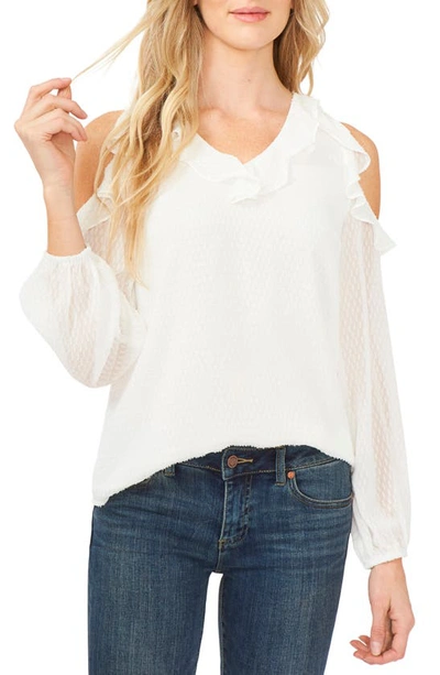 Cece Ruffled Cold Shoulder Clip Dot Blouse In Soft Ecru