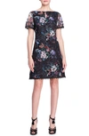 Marchesa Notte Floral-print Lace Short-sleeve Dress In Black