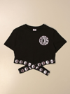 Gcds Kids' Cotton Cropped T-shirt With Logo In Black