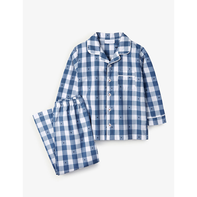 The Little White Company Kids' Star-embroidered Checked Cotton Pyjama Set 7-10 Years In Blue