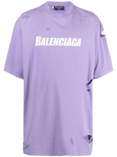 Balenciaga Oversized Distressed Printed Cotton-jersey T-shirt In Light Purple