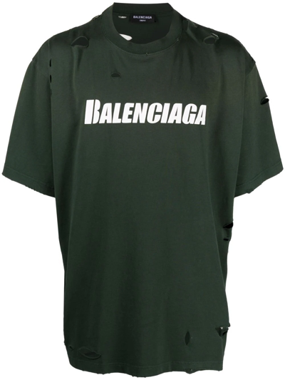 Balenciaga Distressed Logo-print T-shirt In Grün