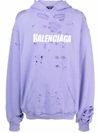 Balenciaga Oversized Distressed Logo-print Cotton-jersey Hoodie In Purple
