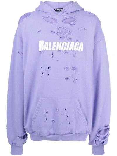 Balenciaga Oversized Distressed Logo-print Cotton-jersey Hoodie In Purple