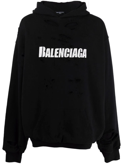 Balenciaga Logo-print Distressed Pullover Hoodie In Black