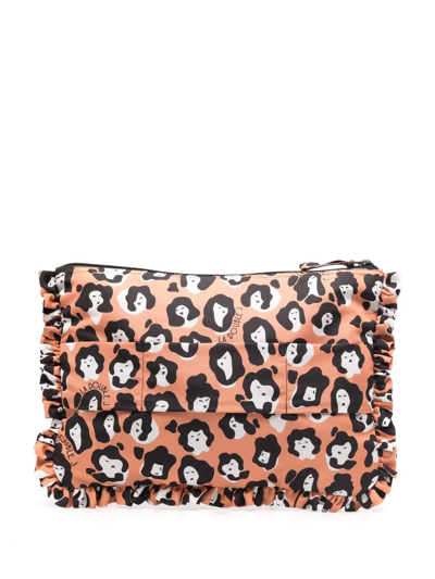 La Doublej Leopard-print Ruffle Pouch In Nude