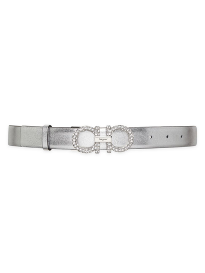 Salvatore Ferragamo Reversible Gancini Crystal-embellished Metallic Leather Belt In Silver