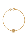 Tory Burch Women's Miller 18k Gold-plated, Swarovski Crystal & Pearl Logo Charm Bracelet In Tory Gold Crystal