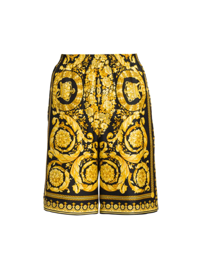 Versace Men's Printed Silk Shorts In Black Gold